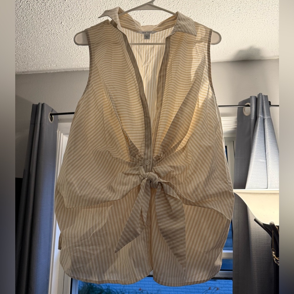 Nine West Beige Striped Tie-Front Blouse